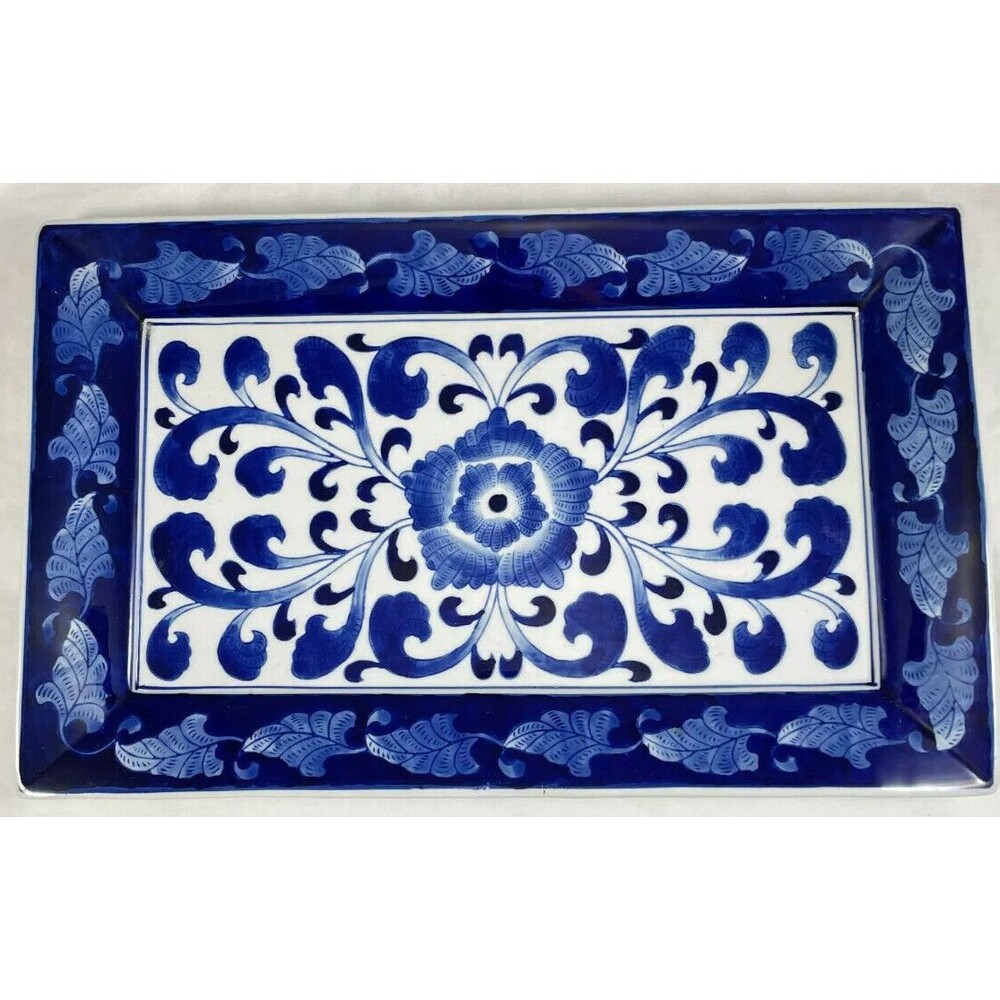 Kafuh Blue White Platter Tray Japan Cobalt Flower Leaves 16x 9.75 Rectangle